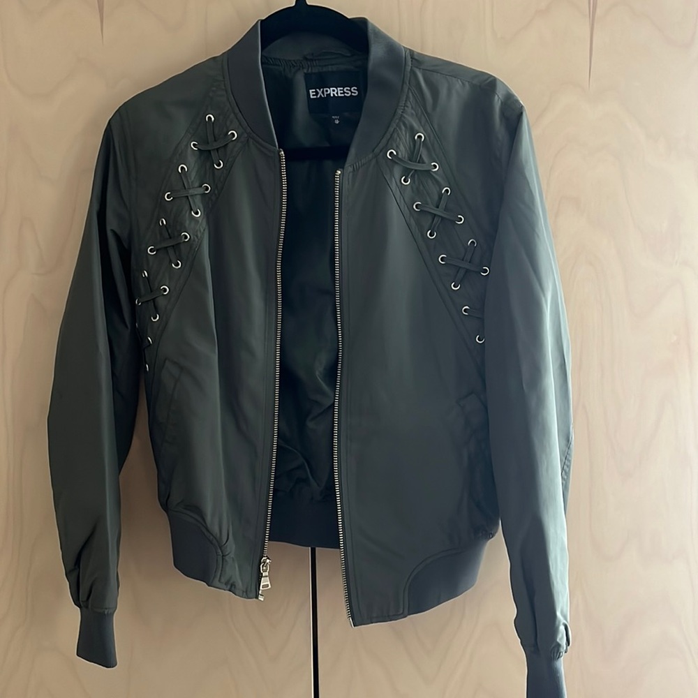 Express army green with gold details bomber jacket.